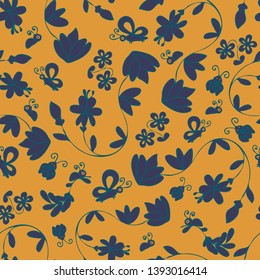 Seamless vector pattern with blue flowers and bugs on mustard yellow background. Vintage floral wallpaper design.