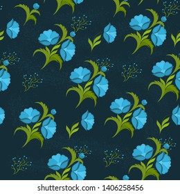 Seamless vector pattern with blue flowers on a dark background.