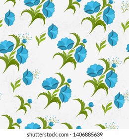 Seamless vector pattern with blue flowers on a white background.