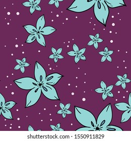 Seamless vector pattern with blue flowers on dark purple background. Good for printing. Wallpaper, fabric and textile design. Wrapping paper floral pattern.
