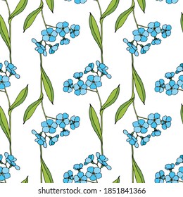 Seamless vector pattern of blue flowers. Blue flowers on a white background. For decoration and design of fabrics, textiles, paper, packaging. Forget-me-nots.
