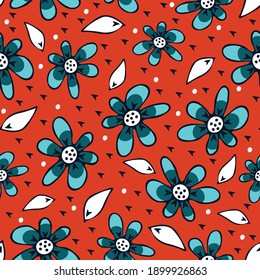 Seamless vector pattern with blue flowers on red background. Simple bright floral wallpaper design. Vintage spring meadow fashion textile.