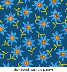 Seamless vector pattern of blue flowers randomly arranged on a dark blue background. Hand drawn trendy print in flat style