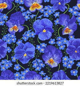 Seamless vector pattern, blue flowers on dark background. Repeating pattern for textiles, clothing prints, design your print products in beauty industry, wallpapers, banners, advertising.