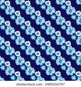 Seamless vector pattern with blue flowers laid out in diagonal lines. Floral print for textiles, fabrics, wallpaper, covers and other surfaces.