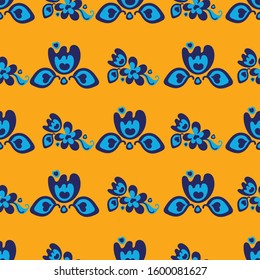 A seamless vector pattern with blue folk tulips on a bright yellow background. Decorative girly surface print design.