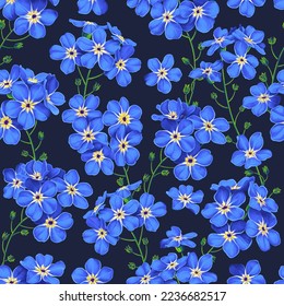 Seamless vector pattern with blue  Forget Me Nots on dark background. Realistic hand-drawn wildflowers. Botanical background for textiles, clothing design, postcards, banners, ads, social media posts.