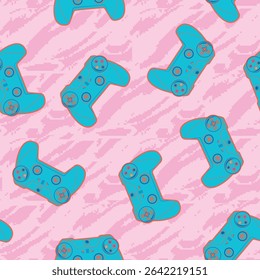 Padrão de vetor sem emenda com controladores de jogo azuis em um fundo cor-de-rosa pixel-style. Ornamento de jogo rosa. Impressão de jogos para moda têxtil, cartazes, papel de embrulho