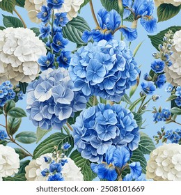 Seamless vector pattern with blue garden flowers isolated on a changeable background. Vintage painting style illustration.