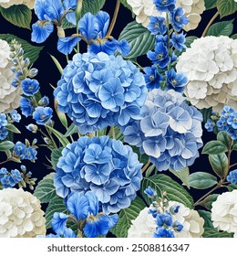 Padrão de vetor sem emenda com flores de jardim azul isoladas em um fundo mutável. Ilustração estilo pintura vintage.