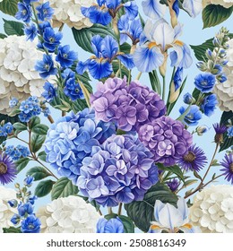 Seamless vector pattern with blue garden flowers isolated on a changeable background. Vintage painting style illustration.