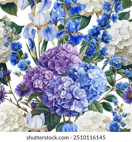 Seamless vector pattern with blue garden flowers isolated on a changeable background. Vintage painting style illustration.