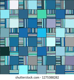 Seamless vector pattern. Blue geometrical hand drawn background with figures, squares, lines. Print for background, wallpaper, packaging, wrapping, fabric.