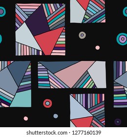 Seamless vector pattern. Blue geometrical hand drawn background with rectangles, squares, triangles, dots. Print for wallpaper, packaging, wrapping, fabric. Line drawing, graphic design