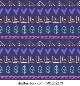 Seamless vector pattern. Blue geometrical background with hand drawn little decorative elements. Print with ethnic, folk, traditional motifs. Graphic vector illustration. 