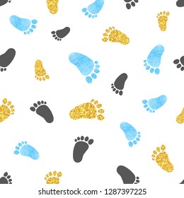 Seamless vector pattern with blue and golden baby footprints.