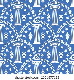 A seamless vector pattern of blue Greek pillars surrounded by leaves and stars, drawn in a stylized form, isolated on a white background. Perfect for textiles and wallpapers.