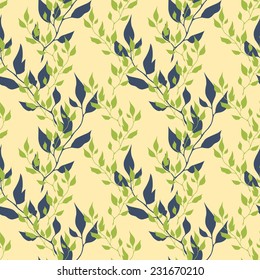 Seamless vector pattern with blue and green spring leaves on yellow background