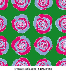 Seamless vector pattern with blue, green and magenta roses. Design of flowers in vintage style. Illustration of floral decoration.