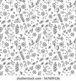 Seamless vector pattern, blue hand drawn background with flowers, branch, leaves, dots. Hand sketch drawing. Doodle funny style. Series of Hand Drawn seamless childish Patterns.