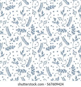 Seamless vector pattern, blue hand drawn background with flowers, branch, leaves, dots. Hand sketch drawing. Doodle funny style. Series of Hand Drawn seamless childish Patterns.