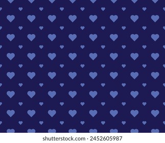 Seamless vector pattern with blue hearts on a dark blue background. A beautiful lightweight pattern suitable for printing on fabric and for your web projects.