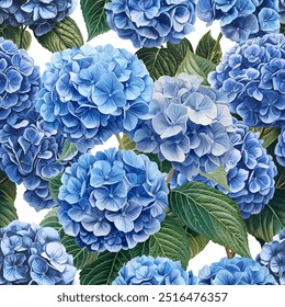 Seamless vector pattern with blue hydrangea flowers isolated on a changeable background. Vintage painting style illustration.