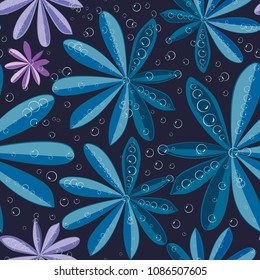 Seamless vector pattern of blue leaves of a lupine plant with large drops of water. . Decorative painted texture with natural elements.