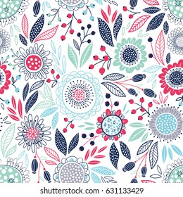 Seamless vector pattern with blue leaves and flowers