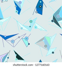 Seamless vector pattern, blue lined asymmetric geometric background with lines, dots. Print for decor, wallpaper, packaging, wrapping, fabric. Triangular graphic design. Line drawing