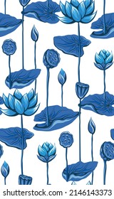 Seamless vector pattern with blue lotuses and stems. Botanical texture with foliage and flowers on a white background. Fabric swatch with water lilies and seed pods