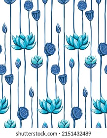 Seamless vector pattern with blue lotuses and stems. Botanical texture with buds and flowers on a white background. Fabric swatch with water lilies and seed pods on thin vertical stalk