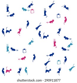 Seamless vector pattern of blue and magenta playful cat silhouettes on white