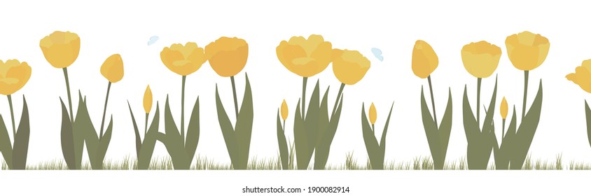 Patrón vectorial sin foco con polillas azules y tulipanes amarillos sobre un fondo blanco. Flores de primavera. Adecuado para tela, papel pintado, diseño, web, para producción.