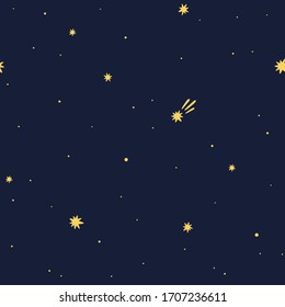 Seamless vector pattern with blue night sky and golden stars. Starry sky. Astrology. Space background.