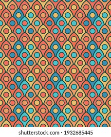 seamless vector pattern in blue and orange colors with dark green background, repeatable form with circles in middle