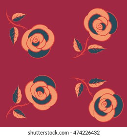 Seamless vector pattern with blue, orange and red roses. Illustration of floral decoration. Design of flowers in vintage style.