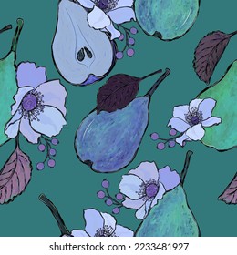 seamless vector pattern, blue pears, flowers and leaves on a blue background	
