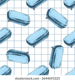 Seamless vector pattern of blue pencil cases on a grid notebook background. Hand drawn vintage school theme with zipper cases. Ideal for kids products, stationery and educational design.