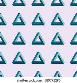 Seamless vector pattern with blue Penrose triangles on light background. Impossible figure