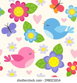 Seamless vector pattern with blue and pink birds, butterflies, hearts and flowers for girl. Romantic floral background for wedding, Valentines Day, textile or wrapping paper.