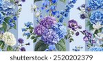 Seamless vector pattern with blue, purple and white garden flowers isolated on a changeable background. Vintage painting style illustration.