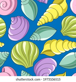 Seamless vector pattern with blue, purple, yellow, green and pink seashells