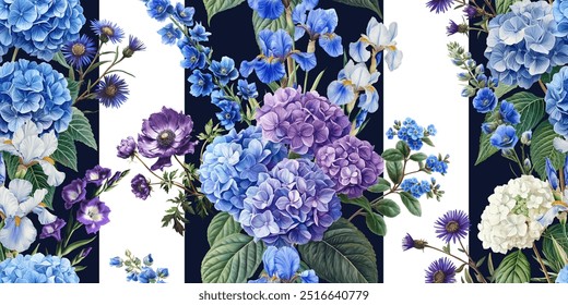 Padrão de vetor sem costura com flores de jardim azul, roxo e branco isoladas em um fundo mutável. Ilustração estilo pintura vintage.