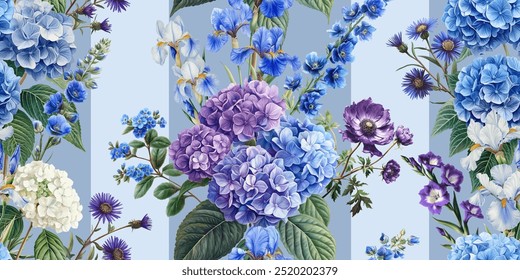 Padrão de vetor sem costura com flores de jardim azul, roxo e branco isoladas em um fundo mutável. Ilustração estilo pintura vintage.