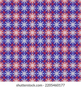 Seamless vector pattern with blue and red snowflakes on a blue background. Christmas illustration in American colors. Festive cover, packaging and surface design.