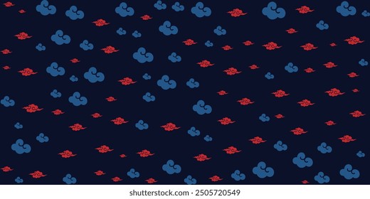 Seamless vector pattern of blue and red clouds on a dark blue background. Perfect for Asian inspired designs and minimalist decor.