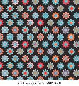 Seamless vector pattern with blue and red flowers in black background