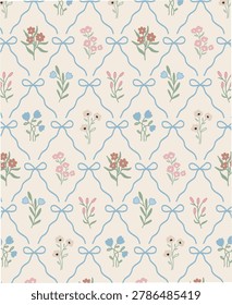Seamless vector pattern with blue ribbon trellis, decorative bows and varied floral bouquets on cream background. Soft pastel pink, blue and terracotta. Coquette cottagecore shabby chic feminine style.
