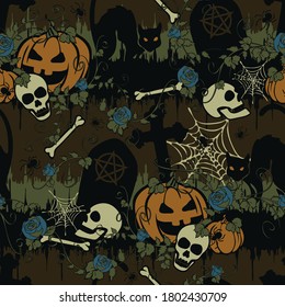 Seamless vector pattern with blue roses and pumpkins on brown background. Halloween wallpaper design with Gothic graveyard. Scary fashion textile.